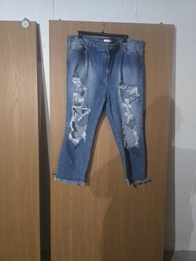 Women's Distressed Straight Leg Jeans in Blue Denim